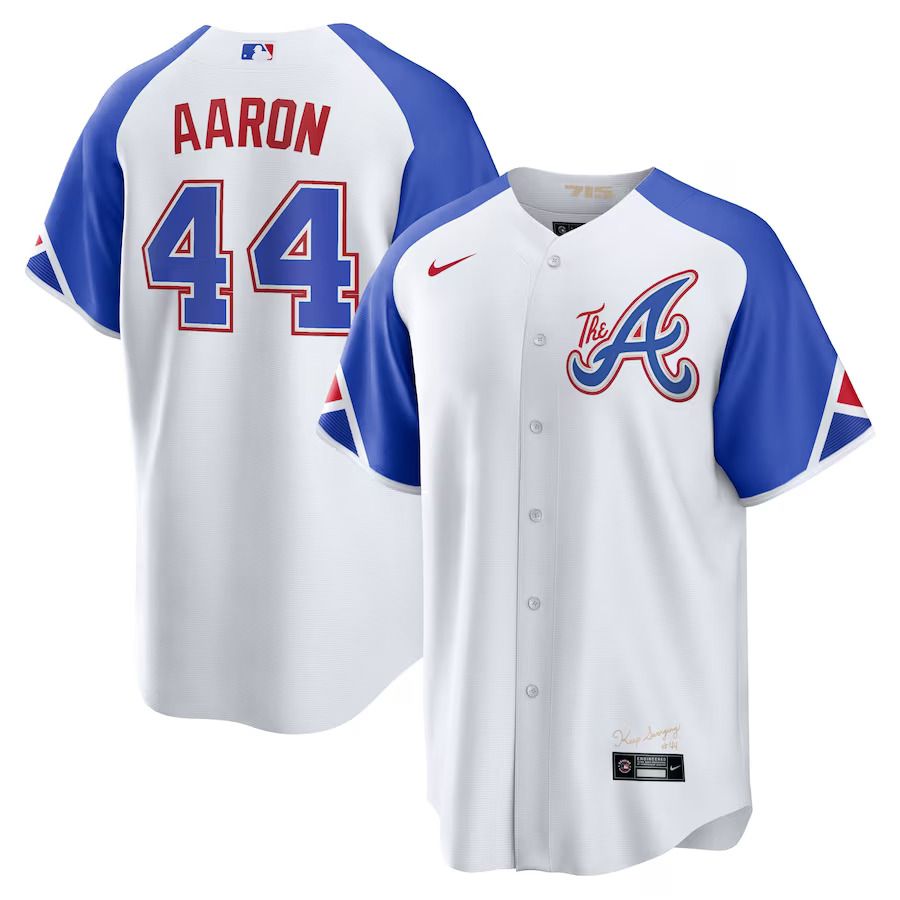 Men Atlanta Braves #44 Hank Aaron Nike White 2023 City Connect Replica Player MLB Jersey